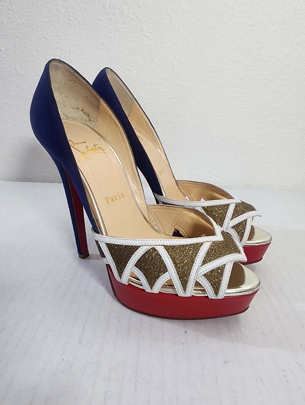 Christian Louboutin Patriotic Red White Blue Glitter Platform Heels EU 37